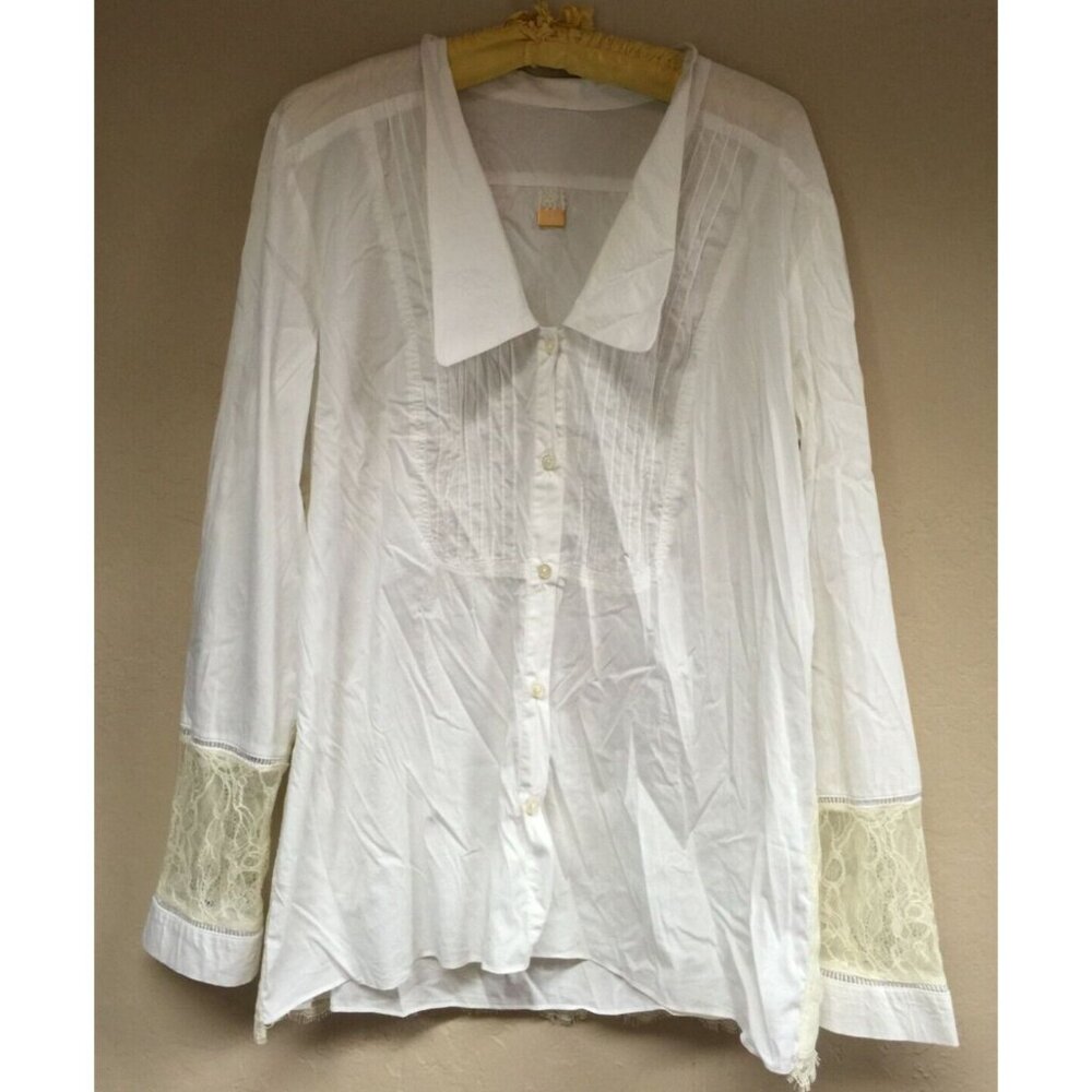 Rachel Roy Womens Pintuck Lace Back Shirt Top Long Sleeve White Stretch Casual